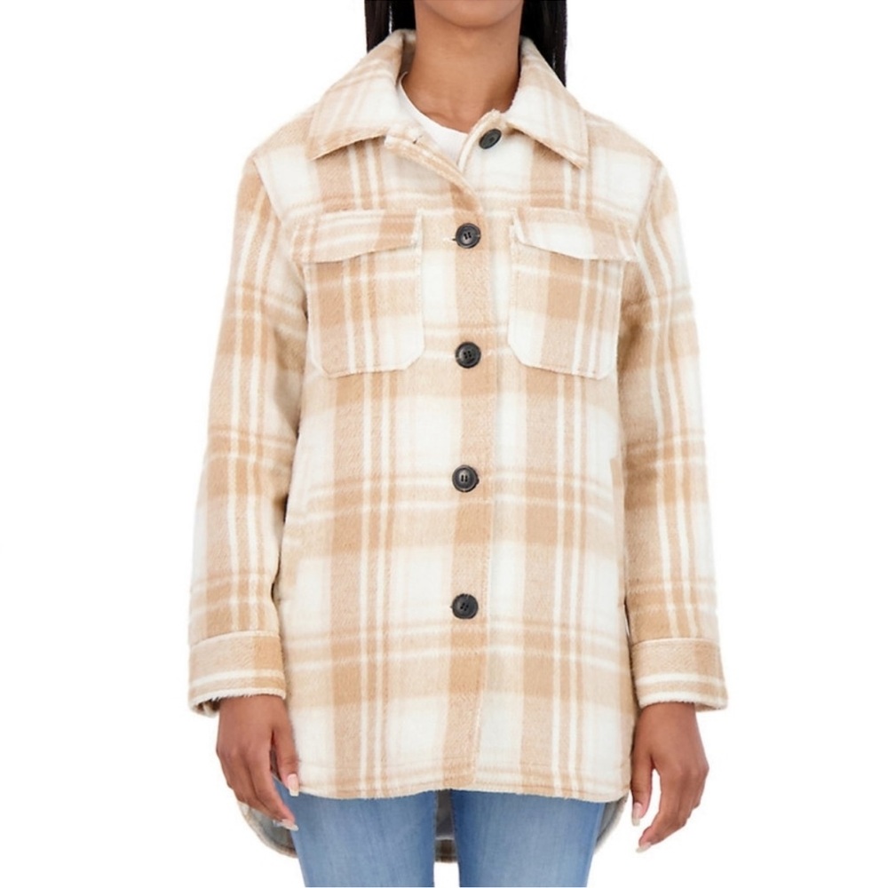 Sebby Shacket Shirt‎ Jacket, White Beige Plaid Button Up Satin Liner Oversized